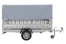 Laden Sie das Bild in den Galerie-Viewer, 1-Achs-Anhänger GARDEN TRAILER 264 KIPP mit Laubgitteraufsatz, grauer Hochplane, Hochspriegel und Stützrad-Neu