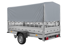 Laden Sie das Bild in den Galerie-Viewer, 1-Achs-Anhänger GARDEN TRAILER 264 KIPP mit Laubgitteraufsatz, grauer Hochplane, Hochspriegel und Stützrad-Neu