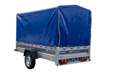 Laden Sie das Bild in den Galerie-Viewer, Anhänger 264×125 UNITRAILER FORCE 264 KIPP ungebremst mit H-1100 Spriegel und blauer Hochplane-Neu