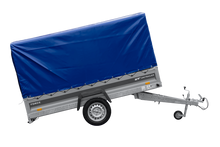 Laden Sie das Bild in den Galerie-Viewer, Anhänger 264×125 UNITRAILER FORCE 264 KIPP ungebremst mit H-1100 Spriegel und blauer Hochplane-Neu
