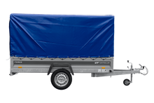 Laden Sie das Bild in den Galerie-Viewer, Anhänger 264×125 UNITRAILER FORCE 264 KIPP ungebremst mit H-1100 Spriegel und blauer Hochplane-Neu