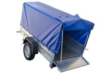 Laden Sie das Bild in den Galerie-Viewer, Anhänger Garden Trailer 200 KIPP 200×106 cm 750 kg [mit Hochspriegel, blauer Hochplane und Stützrad]-Neu