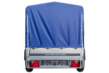 Laden Sie das Bild in den Galerie-Viewer, Anhänger Garden Trailer 200 KIPP 200×106 cm 750 kg [mit Hochspriegel, blauer Hochplane und Stützrad]-Neu