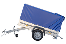 Laden Sie das Bild in den Galerie-Viewer, Anhänger Garden Trailer 200 KIPP 200×106 cm 750 kg [mit Hochspriegel, blauer Hochplane und Stützrad]-Neu
