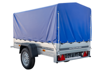 Laden Sie das Bild in den Galerie-Viewer, Anhänger Garden Trailer 200 KIPP 200×106 cm 750 kg [mit Hochspriegel, blauer Hochplane und Stützrad]-Neu