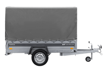 Laden Sie das Bild in den Galerie-Viewer, Anhänger mit Blattfedern 230×125 UNITRAILER FORCE 230/R KIPP mit H-1100 Spriegel und grauer Hochplane-Neu