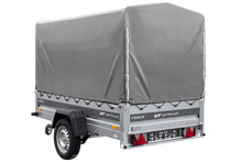 Laden Sie das Bild in den Galerie-Viewer, Anhänger mit Blattfedern 230×125 UNITRAILER FORCE 230/R KIPP mit H-1100 Spriegel und grauer Hochplane-Neu