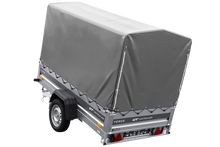 Laden Sie das Bild in den Galerie-Viewer, Anhänger mit Blattfedern 230×125 UNITRAILER FORCE 230/R KIPP mit H-1100 Spriegel und grauer Hochplane-Neu