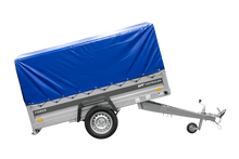 Laden Sie das Bild in den Galerie-Viewer, Anhänger mit Blattfedern 230×125 UNITRAILER FORCE 230/R KIPP mit H-800 Spriegel und blauer Hochplane-Neu