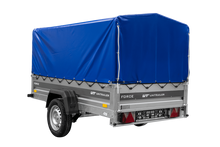 Laden Sie das Bild in den Galerie-Viewer, Anhänger mit Blattfedern 230×125 UNITRAILER FORCE 230/R KIPP mit H-800 Spriegel und blauer Hochplane-Neu