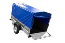 Laden Sie das Bild in den Galerie-Viewer, Anhänger mit Blattfedern 230×125 UNITRAILER FORCE 230/R KIPP mit H-800 Spriegel und blauer Hochplane-Neu