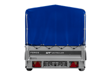 Laden Sie das Bild in den Galerie-Viewer, Anhänger mit Blattfedern 230×125 UNITRAILER FORCE 230/R KIPP mit H-800 Spriegel und blauer Hochplane-Neu