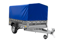 Laden Sie das Bild in den Galerie-Viewer, Anhänger mit Blattfedern 230×125 UNITRAILER FORCE 230/R KIPP mit H-800 Spriegel und blauer Hochplane-Neu