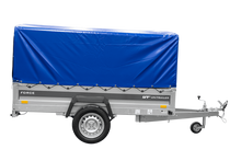 Laden Sie das Bild in den Galerie-Viewer, Anhänger mit Blattfedern 230×125 UNITRAILER FORCE 230/R KIPP mit H-800 Spriegel und blauer Hochplane-Neu