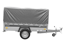 Laden Sie das Bild in den Galerie-Viewer, Anhänger mit Blattfedern 230×125 UNITRAILER FORCE 230/R KIPP ungebremst mit H-800 Spriegel und grauer Hochplane-Neu