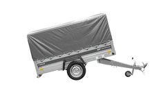 Laden Sie das Bild in den Galerie-Viewer, Anhänger mit Blattfedern 230×125 UNITRAILER FORCE 230/R KIPP ungebremst mit H-800 Spriegel und grauer Hochplane-Neu