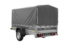 Laden Sie das Bild in den Galerie-Viewer, Anhänger mit Blattfedern 230×125 UNITRAILER FORCE 230/R KIPP ungebremst mit H-800 Spriegel und grauer Hochplane-Neu