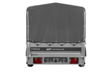 Laden Sie das Bild in den Galerie-Viewer, Anhänger mit Blattfedern 230×125 UNITRAILER FORCE 230/R KIPP ungebremst mit H-800 Spriegel und grauer Hochplane-Neu