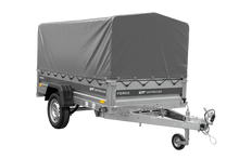 Laden Sie das Bild in den Galerie-Viewer, Anhänger mit Blattfedern 230×125 UNITRAILER FORCE 230/R KIPP ungebremst mit H-800 Spriegel und grauer Hochplane-Neu