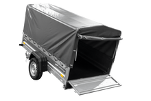 Laden Sie das Bild in den Galerie-Viewer, Anhänger mit Blattfedern 230×125 UNITRAILER FORCE 230/R KIPP ungebremst mit H-800 Spriegel und grauer Hochplane-Neu