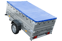 Laden Sie das Bild in den Galerie-Viewer, Anhänger mit faltbarer Deichsel GARDEN TRAILER 230 KIPP mit zusätzlichen Bordwänden, Stützrad und blauer Flachplane-Neu