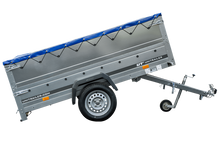 Laden Sie das Bild in den Galerie-Viewer, Anhänger mit faltbarer Deichsel GARDEN TRAILER 230 KIPP mit zusätzlichen Bordwänden, Stützrad und blauer Flachplane-Neu
