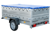 Laden Sie das Bild in den Galerie-Viewer, Anhänger mit faltbarer Deichsel GARDEN TRAILER 230 KIPP mit zusätzlichen Bordwänden, Stützrad und blauer Flachplane-Neu