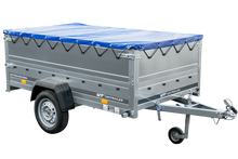 Laden Sie das Bild in den Galerie-Viewer, Anhänger mit faltbarer Deichsel GARDEN TRAILER 230 KIPP mit zusätzlichen Bordwänden, Stützrad und blauer Flachplane-Neu