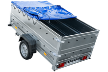 Laden Sie das Bild in den Galerie-Viewer, Anhänger mit faltbarer Deichsel GARDEN TRAILER 230 KIPP mit zusätzlichen Bordwänden, Stützrad und blauer Flachplane-Neu