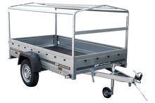 Laden Sie das Bild in den Galerie-Viewer, Auto Anhänger 230×125 Garden Trailer 230 KIPP Unitrailer 750 kg mit Stützrad, blauer Hochplane und Hochspriegel-Neu