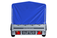Laden Sie das Bild in den Galerie-Viewer, Auto Anhänger 230×125 Garden Trailer 230 KIPP Unitrailer 750 kg mit Stützrad, blauer Hochplane und Hochspriegel-Neu