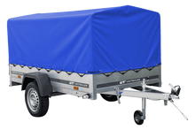 Laden Sie das Bild in den Galerie-Viewer, Auto Anhänger 230×125 Garden Trailer 230 KIPP Unitrailer 750 kg mit Stützrad, blauer Hochplane und Hochspriegel-Neu