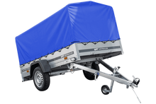 Laden Sie das Bild in den Galerie-Viewer, Auto Anhänger 230×125 Garden Trailer 230 KIPP Unitrailer 750 kg mit Stützrad, blauer Hochplane und Hochspriegel-Neu