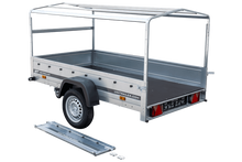 Laden Sie das Bild in den Galerie-Viewer, Auto Anhänger 230×125 Garden Trailer 230 KIPP Unitrailer 750 kg mit Stützrad, blauer Hochplane und Hochspriegel-Neu