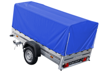 Laden Sie das Bild in den Galerie-Viewer, Auto Anhänger 230×125 Garden Trailer 230 KIPP Unitrailer 750 kg mit Stützrad, blauer Hochplane und Hochspriegel-Neu