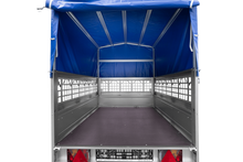 Laden Sie das Bild in den Galerie-Viewer, Autoanhänger 200×125 UNITRAILER GARDEN 201 KIPP mit Netzseitenwänden, H-800 Rahmen und grauer Plane-Neu