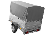 Laden Sie das Bild in den Galerie-Viewer, Autotransportanhänger 200×125 UNITRAILER GARDEN 201 KIPP mit BIS-Seitenwänden, H-800-Rahmen und grauer Plane-Neu