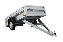 Laden Sie das Bild in den Galerie-Viewer, Einachsanhänger 230×125 UNITRAILER FORCE 230 KIPP mit Gitterseitenwänden, H-0-Rahmen und blauer Plane-Neu