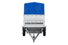 Laden Sie das Bild in den Galerie-Viewer, Autotransportanhänger 230×125 UNITRAILER FORCE 230 KIPP mit BIS-Seitenwänden, H-800-Rahmen und blauer Plane-Neu