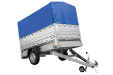 Laden Sie das Bild in den Galerie-Viewer, Autotransportanhänger 230×125 UNITRAILER FORCE 230 KIPP mit BIS-Seitenwänden, H-800-Rahmen und blauer Plane-Neu