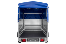 Laden Sie das Bild in den Galerie-Viewer, Autotransportanhänger 230×125 UNITRAILER FORCE 230 KIPP mit BIS-Seitenwänden, H-800-Rahmen und blauer Plane-Neu