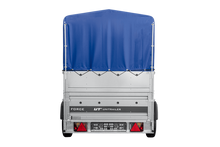Laden Sie das Bild in den Galerie-Viewer, Autotransportanhänger 230×125 UNITRAILER FORCE 230 KIPP mit BIS-Seitenwänden, H-800-Rahmen und blauer Plane-Neu
