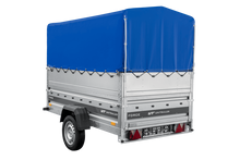 Laden Sie das Bild in den Galerie-Viewer, Autotransportanhänger 230×125 UNITRAILER FORCE 230 KIPP mit BIS-Seitenwänden, H-800-Rahmen und blauer Plane-Neu