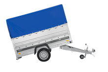Laden Sie das Bild in den Galerie-Viewer, Autotransportanhänger 230×125 UNITRAILER FORCE 230 KIPP mit BIS-Seitenwänden, H-800-Rahmen und blauer Plane-Neu