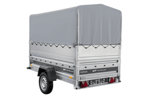 Laden Sie das Bild in den Galerie-Viewer, Autotransportanhänger 230×125 UNITRAILER FORCE 230 KIPP mit BIS-Seitenwänden, H-800-Rahmen und grauer Plane-Neu