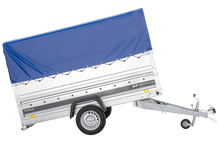 Laden Sie das Bild in den Galerie-Viewer, Autotransportanhänger 264×125 UNITRAILER FORCE 264 KIPP mit BIS-Seitenwänden, H-800-Rahmen und blauer Plane-Neu
