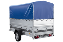 Laden Sie das Bild in den Galerie-Viewer, Autotransportanhänger 264×125 UNITRAILER FORCE 264 KIPP mit BIS-Seitenwänden, H-800-Rahmen und blauer Plane-Neu