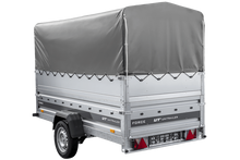 Laden Sie das Bild in den Galerie-Viewer, Autotransportanhänger 264×125 UNITRAILER FORCE 264 KIPP mit BIS-Seitenwänden, H-800-Rahmen und grauer Plane-Neu