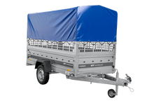 Laden Sie das Bild in den Galerie-Viewer, Autotransportanhänger 264×125 UNITRAILER FORCE 264 KIPP mit Gitterwänden, H-800 Rahmen und blauer Plane-Neu