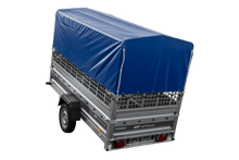 Laden Sie das Bild in den Galerie-Viewer, Autotransportanhänger 264×125 UNITRAILER FORCE 264 KIPP mit Gitterwänden, H-800 Rahmen und blauer Plane-Neu